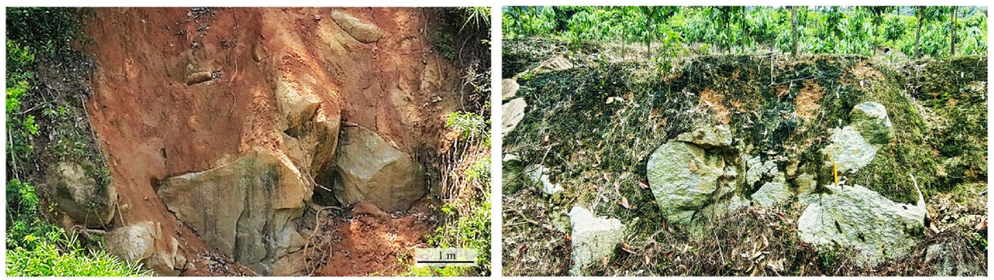 Two images of granite chunks and dirt