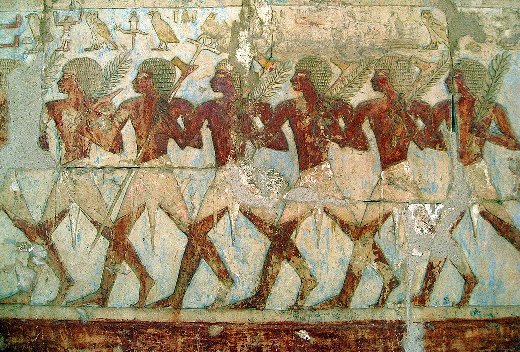 Men bearing branches and axes marching in a line, illustration