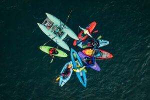 bunch of kayaks rafted up