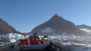 kayakers amid ice floes