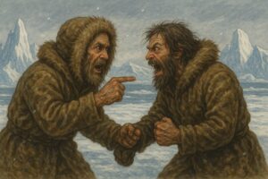 illustration of two antarctic explorers arguing