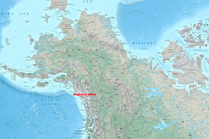 A map showing Alaska, with the Bagley Icefield located in the south east coast