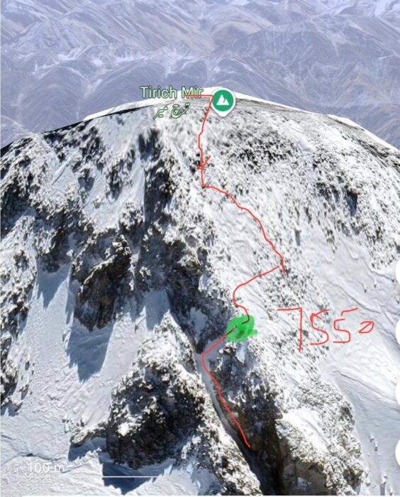 The summit of Tirich Mir with a route marked. 