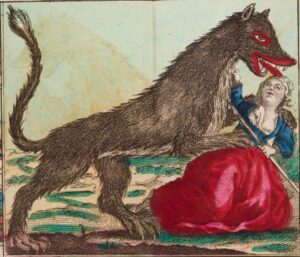 An illustration showing the Beast of Gevaudan attacking a woman.