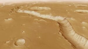 An aerial view of the Shalbatan Vallis, a channel that runs across the surface of Mars.