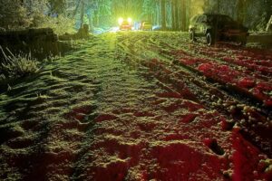 a snowy road at night, lit by searchlights