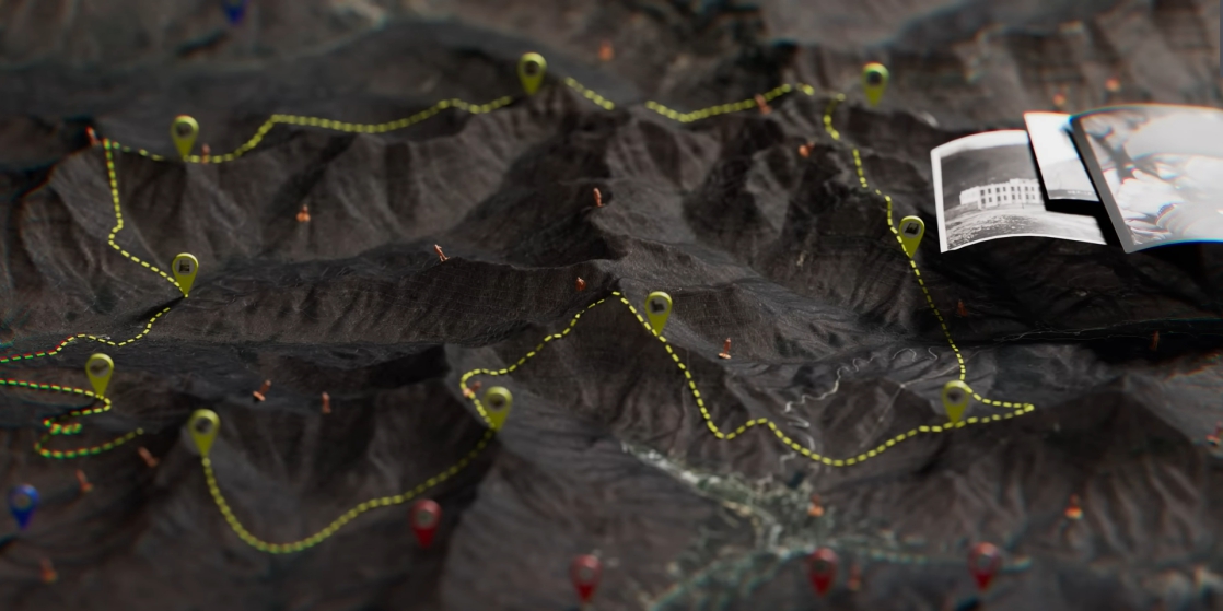 Dotted line showing the loop trail over mountain peaks and valleys.