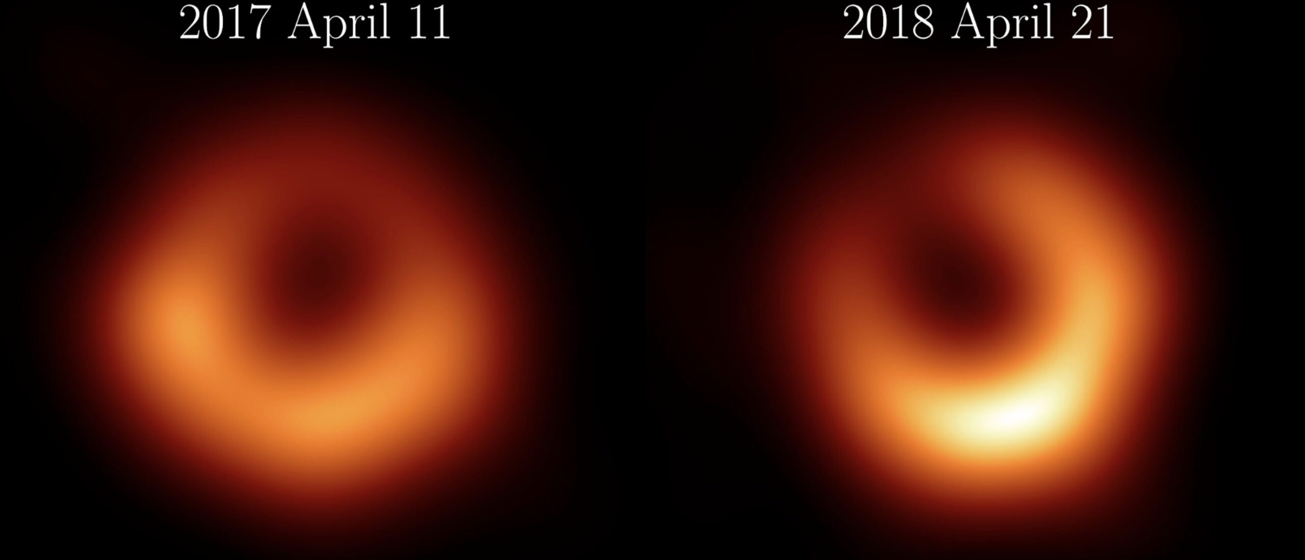 Two images of red disks around a black gap.