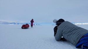 Man on stomach films polar skier