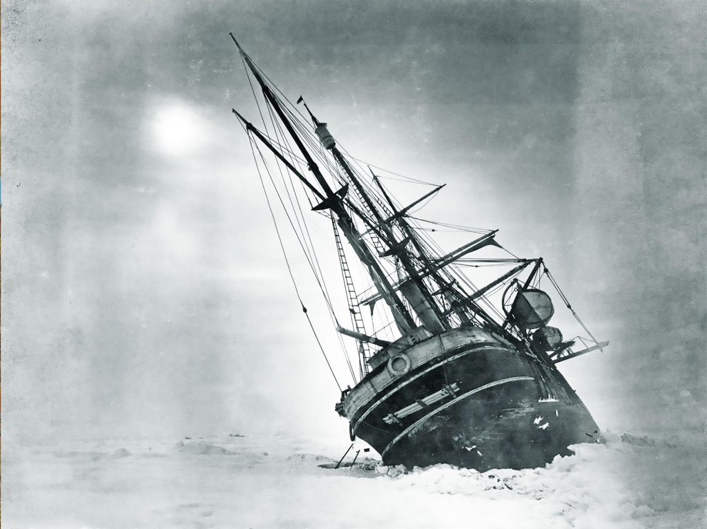 The Endurance three-masted ship of Shackleton’s 1914-1915 Antarctic expedition trapped in pack ice. Photo: Frank Hurley