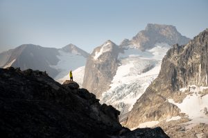 Female IFMGA mountain guide in Bugaboo Provincial Park