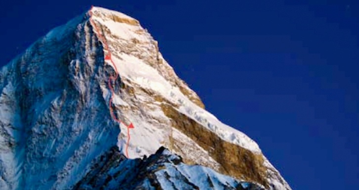 The bivouack sites marked of the 2006 ascent of Chomolhari's Northwest Pillar.