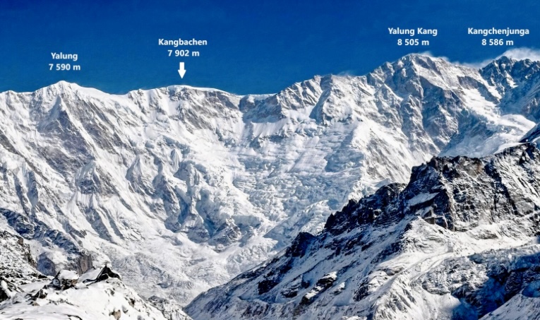 Four of the five points of the Kangchenjunga massif, with the main summit on the right.