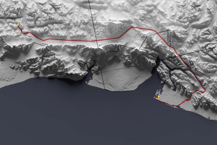 A 3D image of the planned route across the Bagley Icefield, Alaska