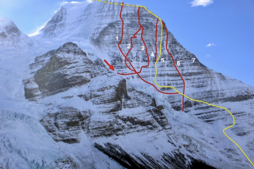 Routes on the Emperor Face of Mount Robson. (1) Cheesmond-Dick 1981; (2) Logan-Stump 1978- first ascent of the face; (3) Haley-House 2007; (4) Kruk-Walsh 2010; (5) Berman-Hawthorn 2020; (6) Infinite Patience, Blanchard- Dumerac-Pellet 2002; (7) Emperor Ridge, Perla-Spencer 1961. 