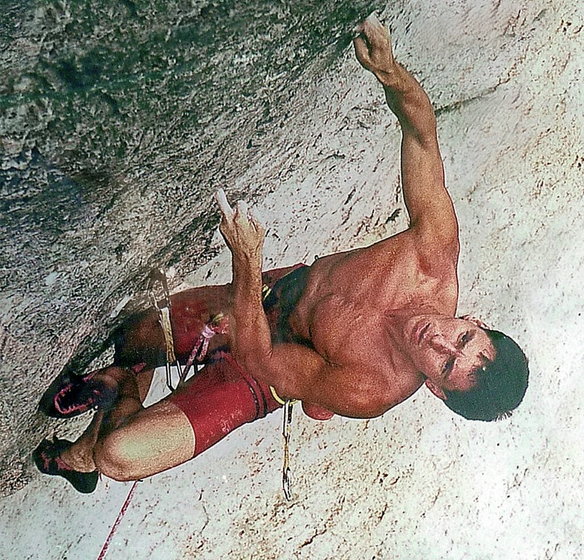 Wolfgang Gullich climbing in the Frankenjura. 