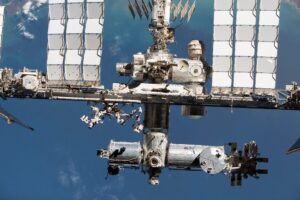 The International Space Station, seen from an orbiting spacecraft.