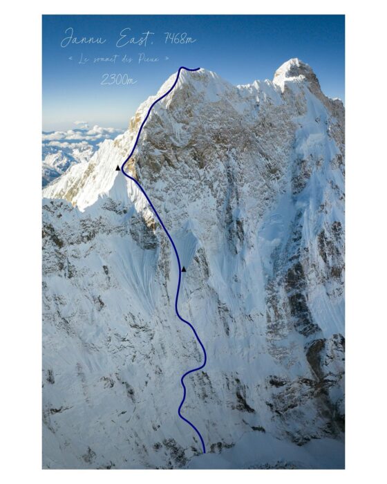 Route topo marked on a photo of the north face and the summit ridge of Jannu, to the East point of the peak.