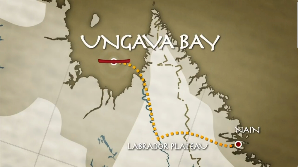 A map of northern Canada showing a route from Nain to Ungava Bay