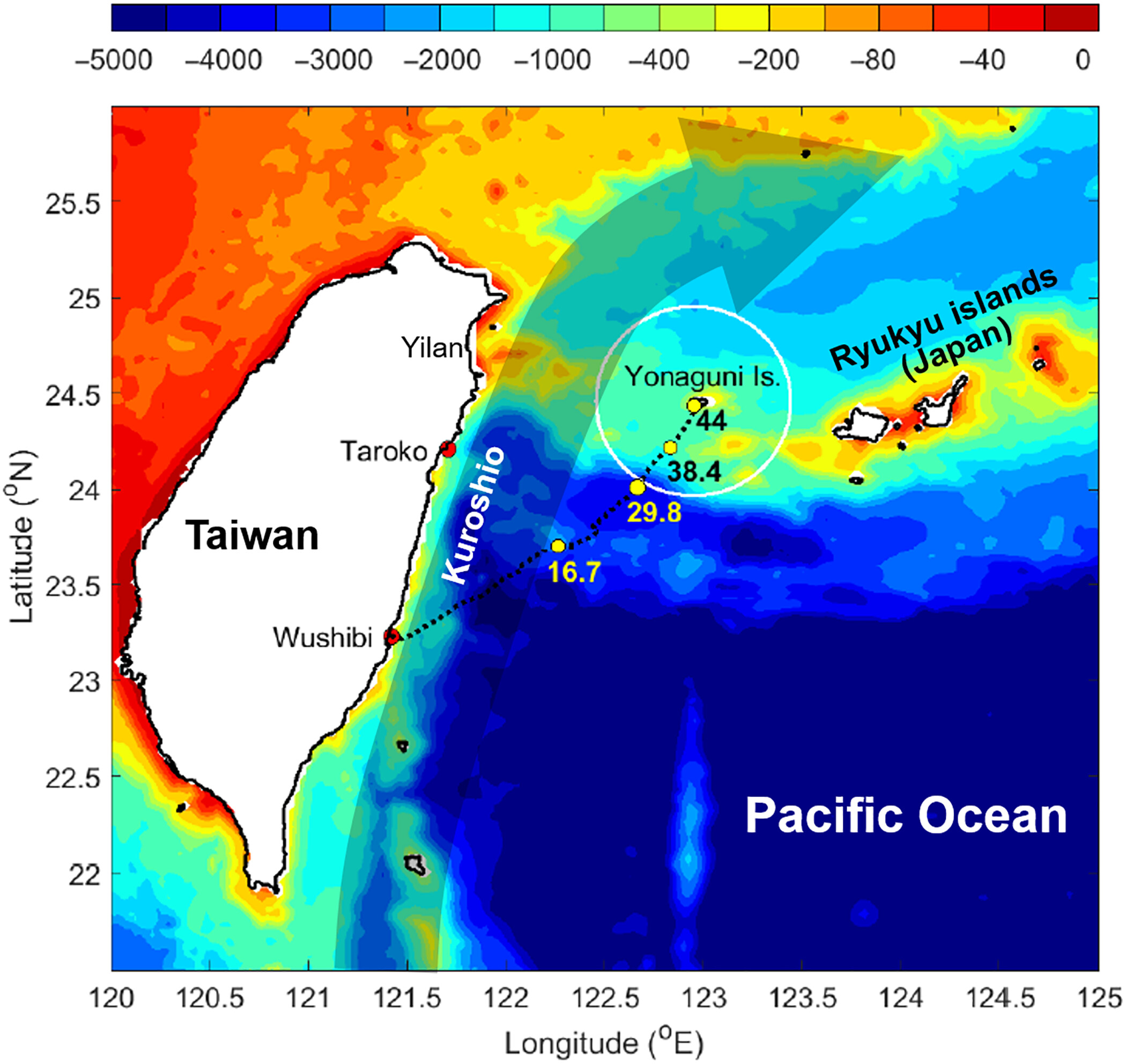 A map showing Taiwan and the Ryukyu Islands.