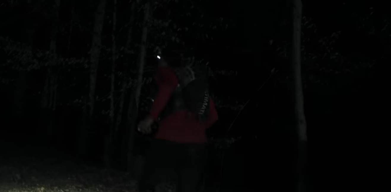 A woman in orange running in dark woods.