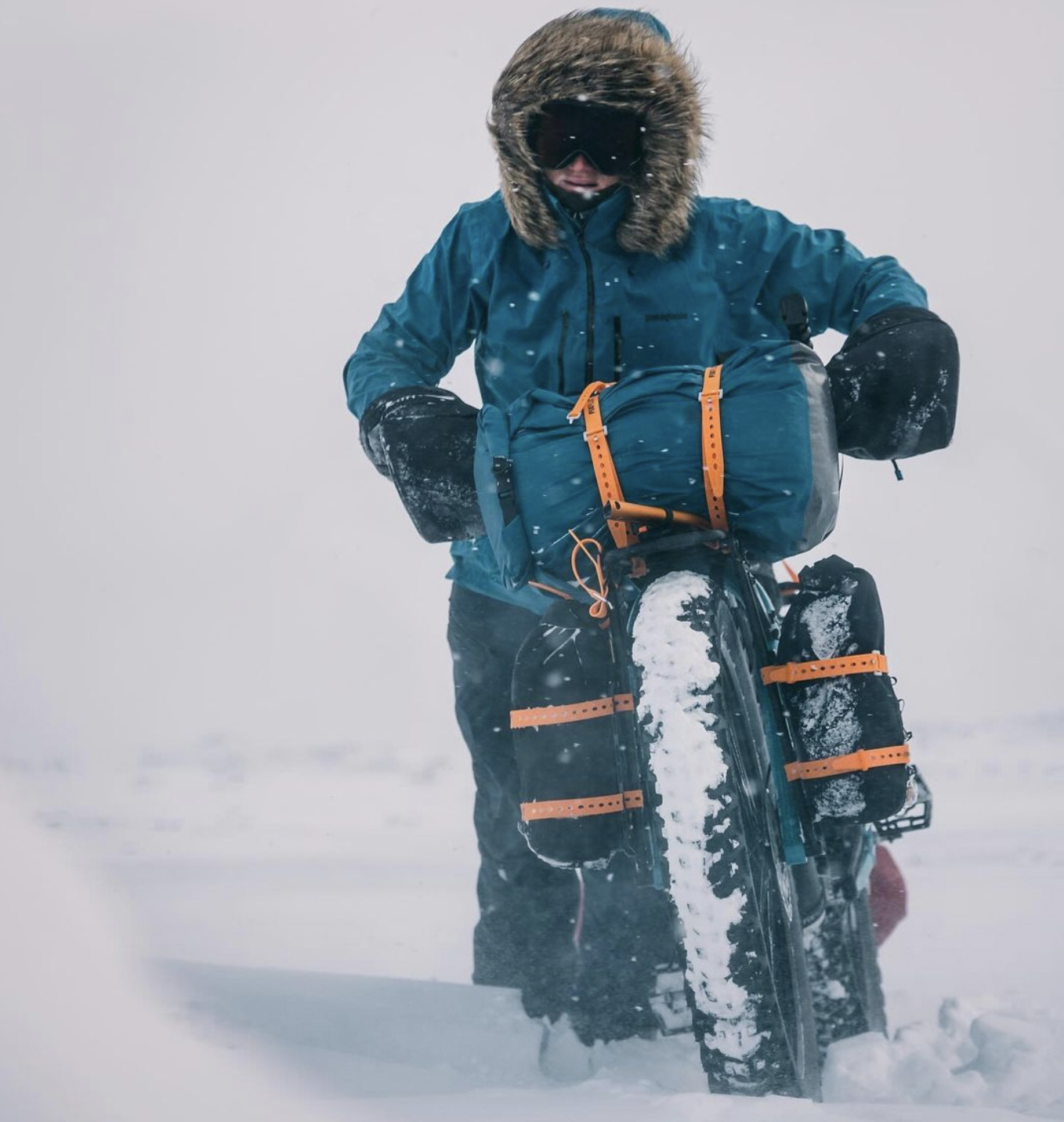 portrait of a fat biker in midwinter snow