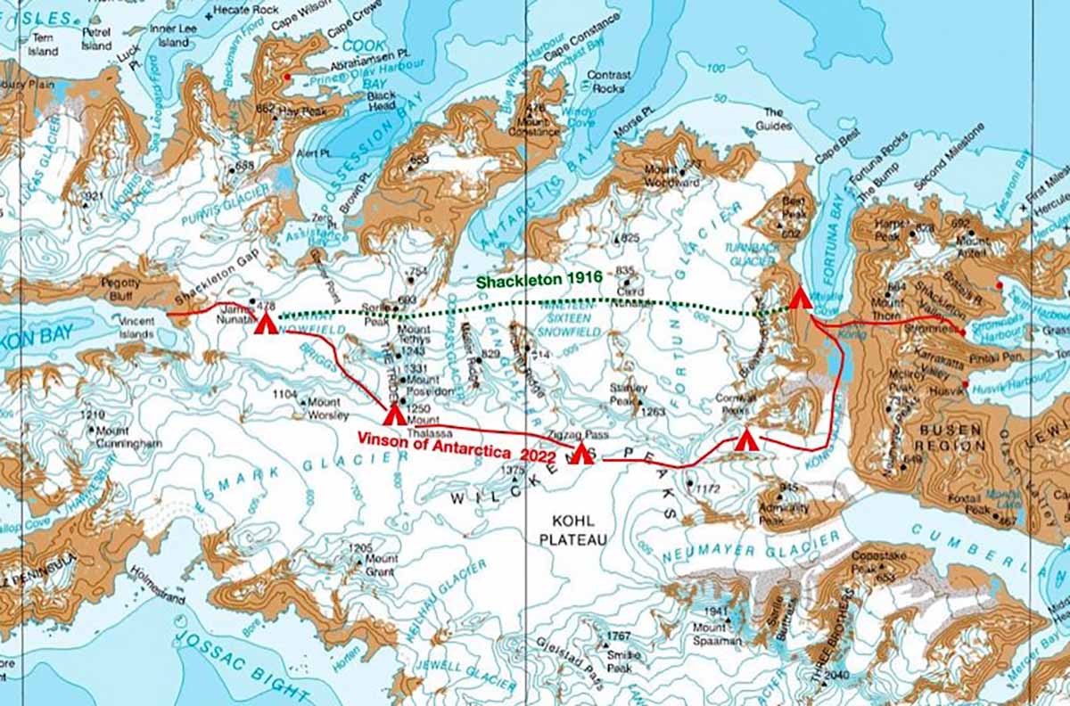 map showing Vinson of Antarctica and Shackleton routes