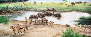 An illustration of a prehistoric grassland with wild horses, rhinos and other animals.