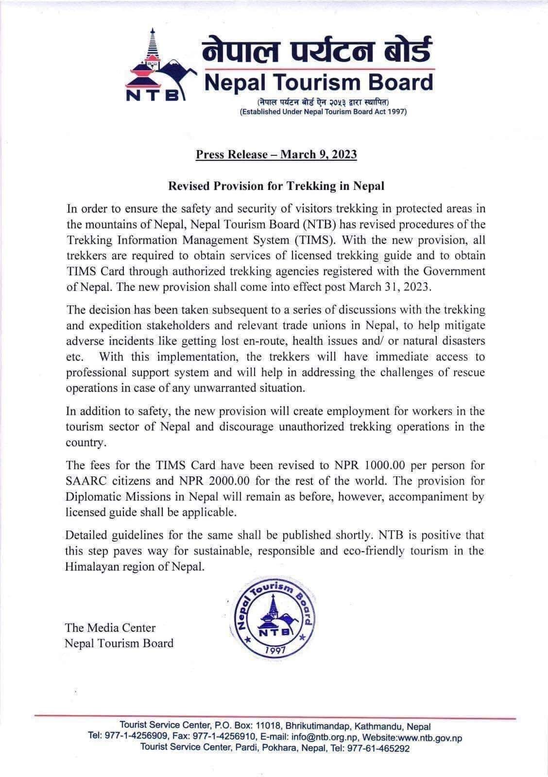 Notice issued by Nepal''s Tourism Board