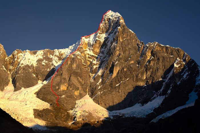 A photo of Jirishanca with the route up the SSE ridge marked in red. 