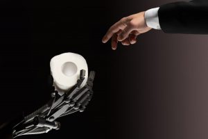 a robot handing a human a roll of toilet paper in the style of the creation of adam