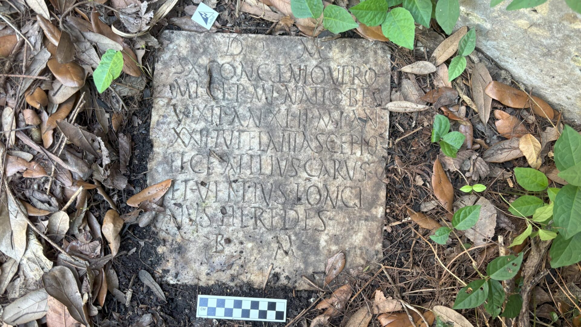 A roman tombstone laying on the ground