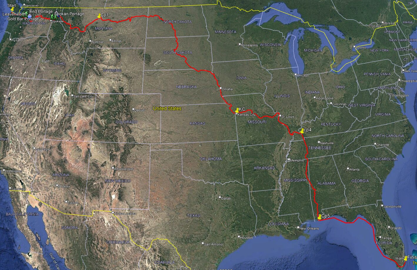 A map of the US with a very long route drawn out in red.