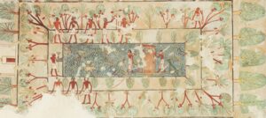 A scene showing a boat, men and trees