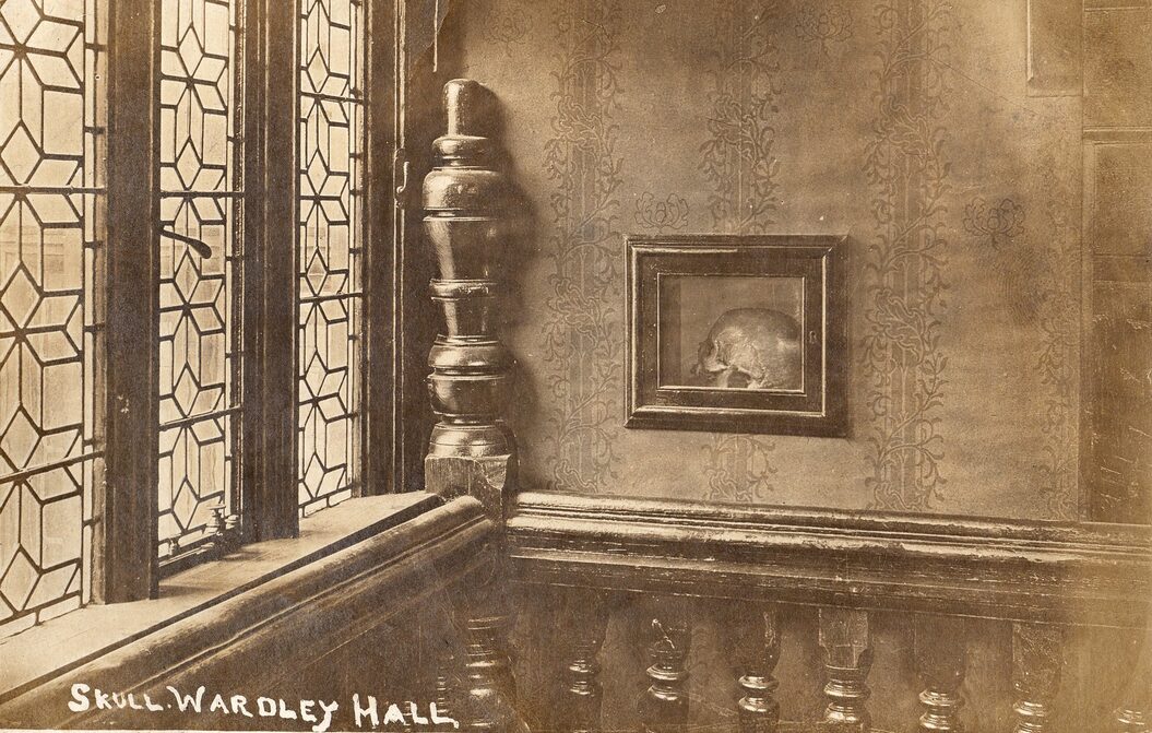 A skull in a glass display set into a wall