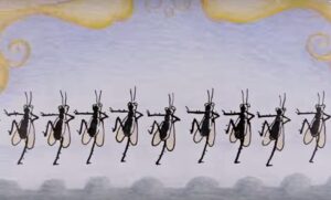 chorus line of black flies