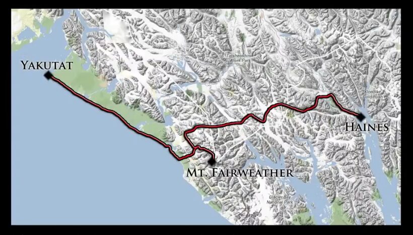 A map of the Alaskan coast with a route drawn on