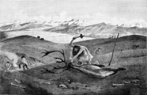 illustration of ancient man working dead caribou