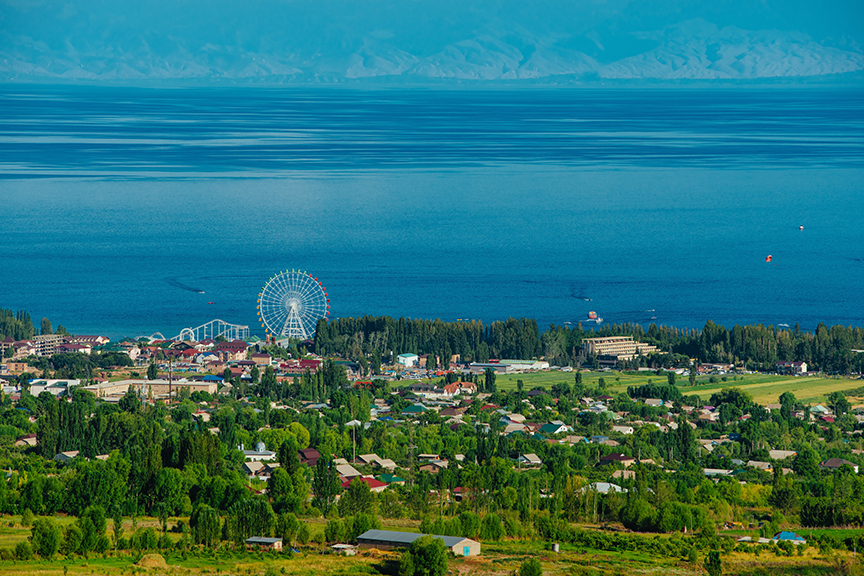 aerial of lake and coastal town