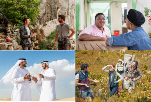 four images of different sorts of people talking