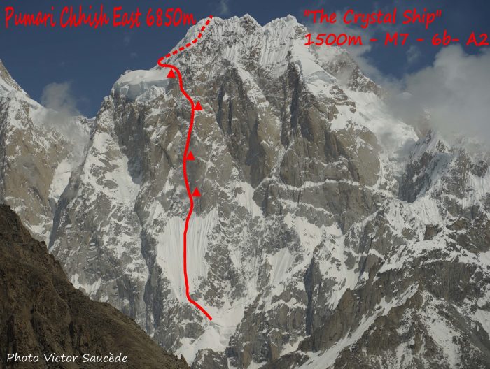 Topo of the route marked in red on a photo of Pumari Chhish East. 