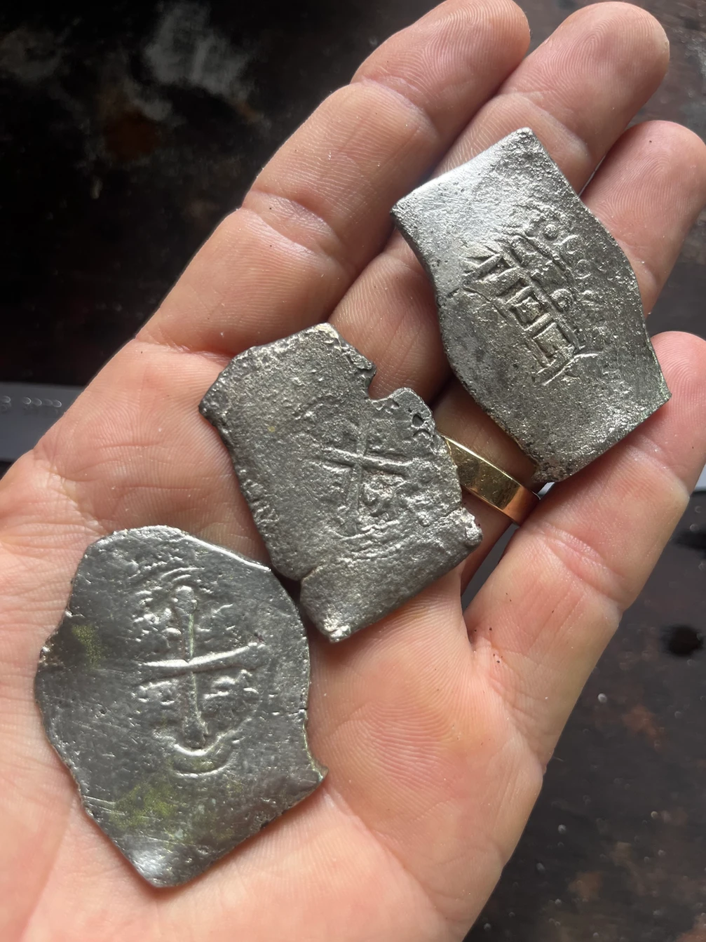 Three silver coins in a hand.